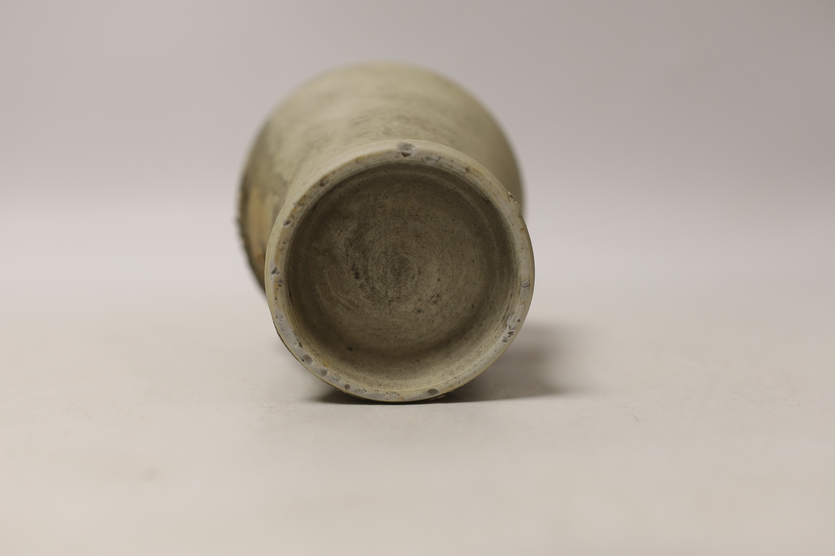 A Chinese sang de boeuf brush washer, a miniature blue and white vase and another vase, largest 14cm high